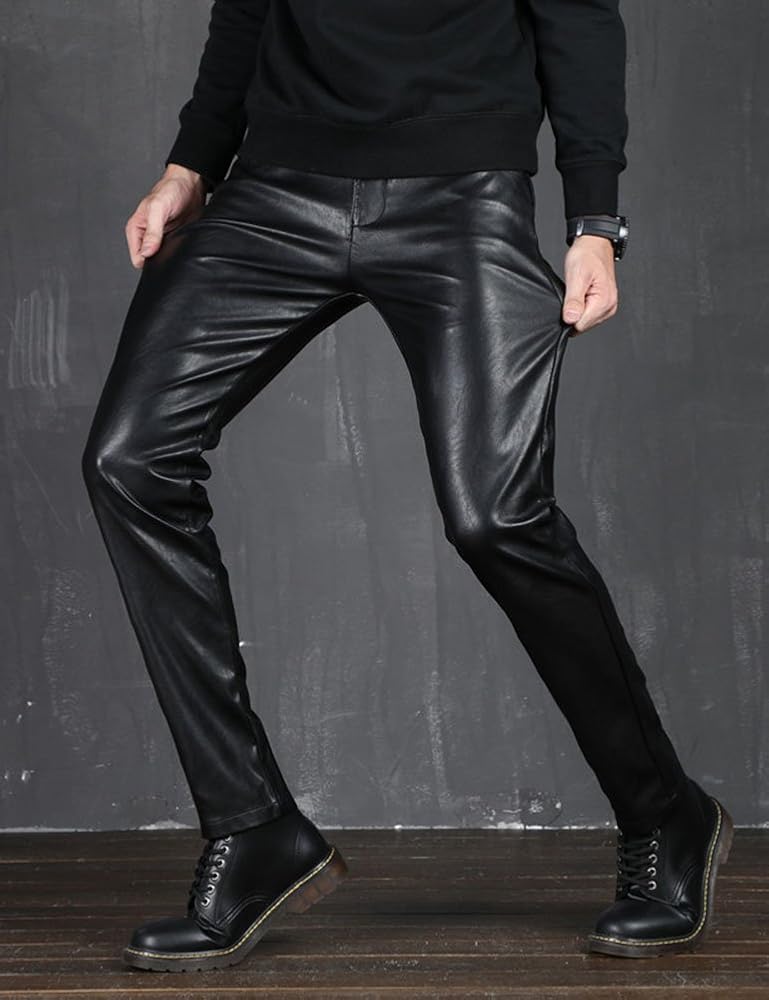 Idopy Men`s PU Slim Fit Five Pockets Washed Motorcycle Faux